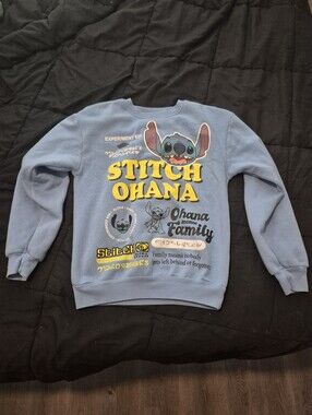 Disney Women's Juniors Stitch Ohana Pullover Fleece Sweatshirt Blue XS